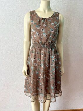 Romy XS Brown Teal Floral Sleeveless Chiffon Midi Dress Smocked Elastic Waist